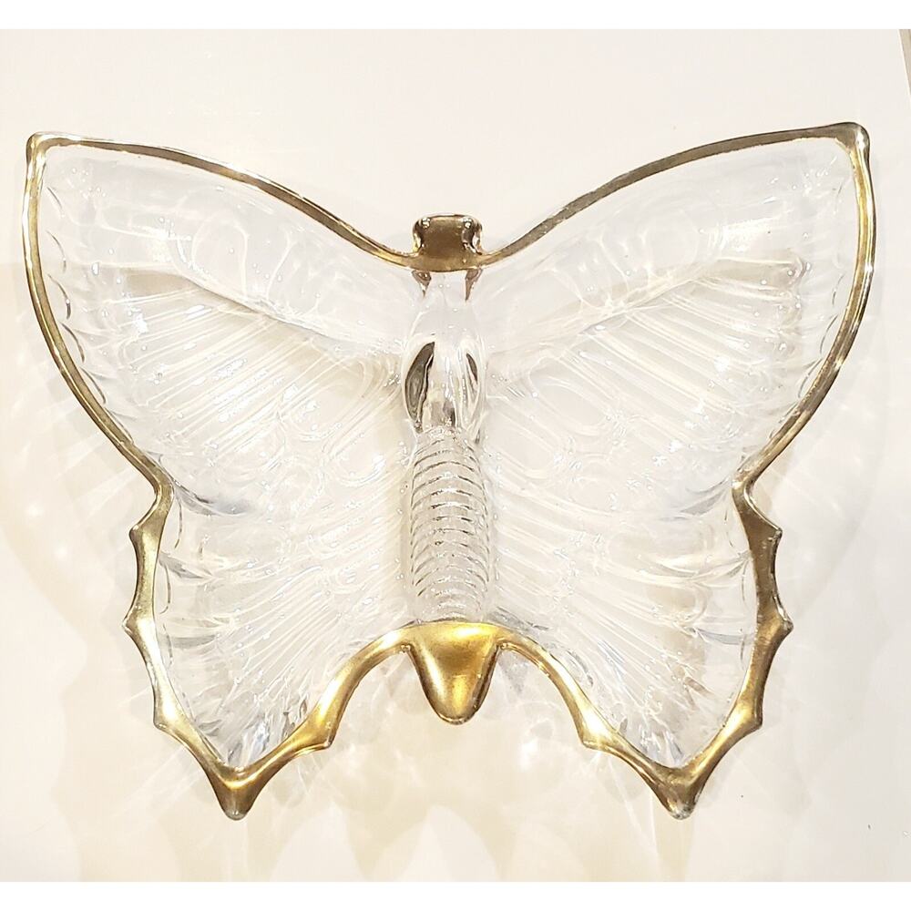 Vintage Jeanette Gold Rim Clear Glass Butterfly Serving Candy Dish Platter 1960s